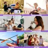 A collage of lifestyle images showcasing a digital camera in various settings, including camping, travel, home, kayaking, and on a boat. Produktbild-Vorschau
