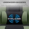 Close-up of a lumbar pillow with a logo, attached to a chair. Produktbild-Vorschau
