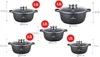 A collage of different sizes of pots with their dimensions and capacities labeled. Náhled obrázku produktu