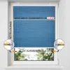 A blue pleated blind is shown installed in a window, with measurement guides and text indicating how to measure for ordering. Produktbild-Vorschau