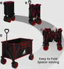 A collage of four images showing the steps to fold a red and black wagon, with the final image showing the unfolded wagon. Produktbild-Vorschau