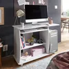 A white computer desk with a computer, keyboard, lamp, and decorative items. Podgląd zdjęcia produktu