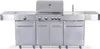 A stainless steel gas grill with multiple burners and side shelves, presented on a white background. Produktbild-Vorschau