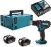A collection of Makita power tools and accessories, including a drill, batteries, charger, and storage case, arranged on a white background. Produktbild-Vorschau