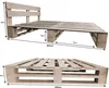 Two views of a wooden pallet bed frame with dimensions indicated. Produktbild-Vorschau