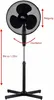 A black standing fan with its height and oscillation features indicated by red arrows and text. Produktbild-Vorschau