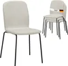 A set of four beige dining chairs stacked on a white background. One chair is in the foreground, and three are stacked behind it. A German flag and text are visible on the back of the top stacked chair. Produktbild-Vorschau