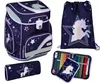A collage of school supplies including a backpack, a drawstring bag, a pencil case, and a pencil pouch, all featuring a unicorn and star theme. Produktbild-Vorschau
