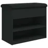 A black shoe bench with two shelves and a padded top. Produktbild-Vorschau