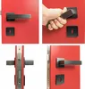 A collage of four images showing a red door with an anthracite door handle and lock mechanism. Produktbild-Vorschau