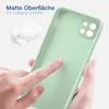 A hand touching a light green phone case, with text describing its matte surface and soft grip feel. Produktbild-Vorschau