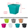 A collage of different colored flower pots, with dimensions and capacity shown for one of them. Produktbild-Vorschau