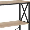 A close-up view of a shelf unit with a light brown wooden shelf and black metal frame. Náhled obrázku produktu