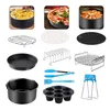 A collage of various air fryer accessories, including baking pans, racks, tongs, and brushes. Voir les images du produit