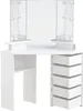A white corner vanity desk with a tri-fold mirror and LED lights. Voir les images du produit