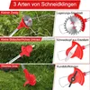 A collage showing three different types of trimmer blades and their applications: cutting small branches, small bushes/tall weeds, and soft grass. Náhled obrázku produktu