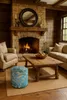 A cozy living room scene with a fireplace, seating, and a coffee table. Produktbild-Vorschau