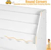 A close-up view of a white bookshelf, highlighting its rounded corners and wavy shelf edges. A small yellow car graphic and text indicating 'Round Corners' are visible at the top. Produktbild-Vorschau