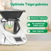 A white kitchen appliance with a black bowl and lid, showing dough being mixed inside. Text overlays highlight product features. Produktbild-Vorschau