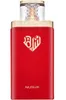 A red perfume bottle with gold accents and a clear cap. Voir les images du produit