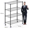 A man is standing next to a four-tier wire shelving unit, giving a thumbs up. Dimensions are shown on the side and front of the unit. Produktbild-Vorschau
