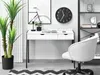 A modern home office setup with a white desk, a black chair, and decorative items. Voir les images du produit