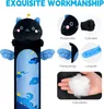 A black cat plush toy with blue wings and a starry sky pattern on its body, presented with close-up shots highlighting its features and filling. Produktbild-Vorschau
