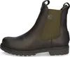 A side view of a single brown Chelsea boot with green elastic side panels and a white background. Produktbild-Vorschau