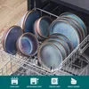 Dishes stacked in a dishwasher rack, with icons indicating product features at the bottom. Náhled obrázku produktu