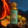 A perfume bottle is displayed in a dramatic setting with a volcano erupting in the background, citrus fruits, and a golden snake. Náhľad obrázku produktu