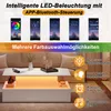 A living room scene featuring a white coffee table with LED lighting, a sofa, and decorative items. Produktbild-Vorschau