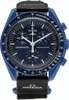 A close-up studio shot of a blue Omega x Swatch MoonSwatch watch against a white background. Produktbild-Vorschau