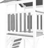 Close-up view of a wooden play tower with white and gray elements, showing a railing and stairs. Produktbild-Vorschau