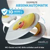 A toilet seat with a duck design, shown open, with marketing text and warranty information. Náhled obrázku produktu