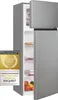 A silver refrigerator with its doors open, displaying food items inside. A German award badge is attached to the left side of the refrigerator. Produktbild-Vorschau