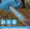 A close-up of a blue cordless leaf blower with a battery pack, showing airflow dynamics. Three icons with text are displayed below. Podgląd zdjęcia produktu