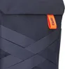 A close-up view of a dark blue backpack with orange branding. Produktbild-Vorschau