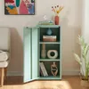 A mint green metal cabinet with its door open, displaying various decorative items and books on its shelves. The cabinet is placed in a room with a sofa and a painting on the wall. Náhled obrázku produktu