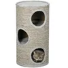 A cylindrical cat scratching tower with multiple openings and a cat inside one of the openings. Produktbild-Vorschau