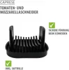 A black tomato and mozzarella slicer is shown against a white background, with text and icons highlighting its features. Produktbild-Vorschau