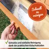 A hand is shown pulling out a tray from a wooden structure, with grass in the background. There is a circular overlay with text. Produktbild-Vorschau