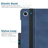 Close-up of a blue tablet case, highlighting its elastic band and stylus loop features. Produktbild-Vorschau