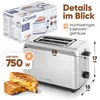 A toaster and its packaging are shown, with text overlays highlighting features and dimensions. Produktbild-Vorschau