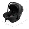 A black baby car seat with dimensions indicated by measurement lines and text. Produktbild-Vorschau