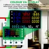 A close-up view of a digital power meter with its display showing various electrical readings, overlaid on a background suggesting a home interior. Wires are connected to the meter. Produktbild-Vorschau