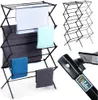 A black collapsible drying rack with several towels draped over it. A close-up of a handle with a logo is also shown. Produktbild-Vorschau