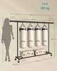Diagram showing a garment rack with punching bags and storage boxes, with dimensions and weight capacity indicated. Náhled obrázku produktu