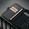 A close-up view of an open black leather phone case with red stitching, showing card slots and a phone frame. Produktbild-Vorschau