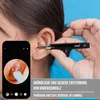 A person is using an ear cleaning device that connects to a smartphone, showing a close-up view of the ear canal on the phone screen. Produktbild-Vorschau