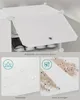 A shoe rack with its doors open, showing shoes inside, and two smaller inset images highlighting features. Produktbild-Vorschau